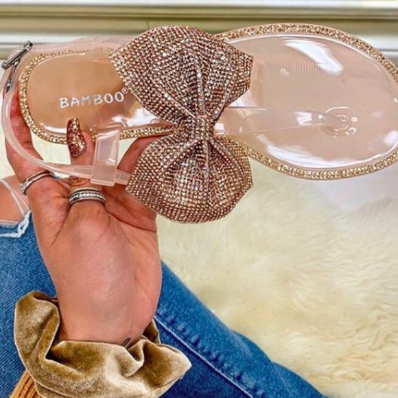 Rhinestone Bling Bow Jelly Sandals Nude Flip Flops - Picture 5 of 8